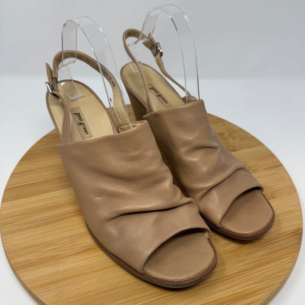 Paul Green Slingback Sandals Women 8 Tan Ruched Leather Block Heel 46138 Classic